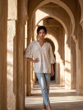 New -POL Cream Lace-Trim V-Neck Blouse - Women
